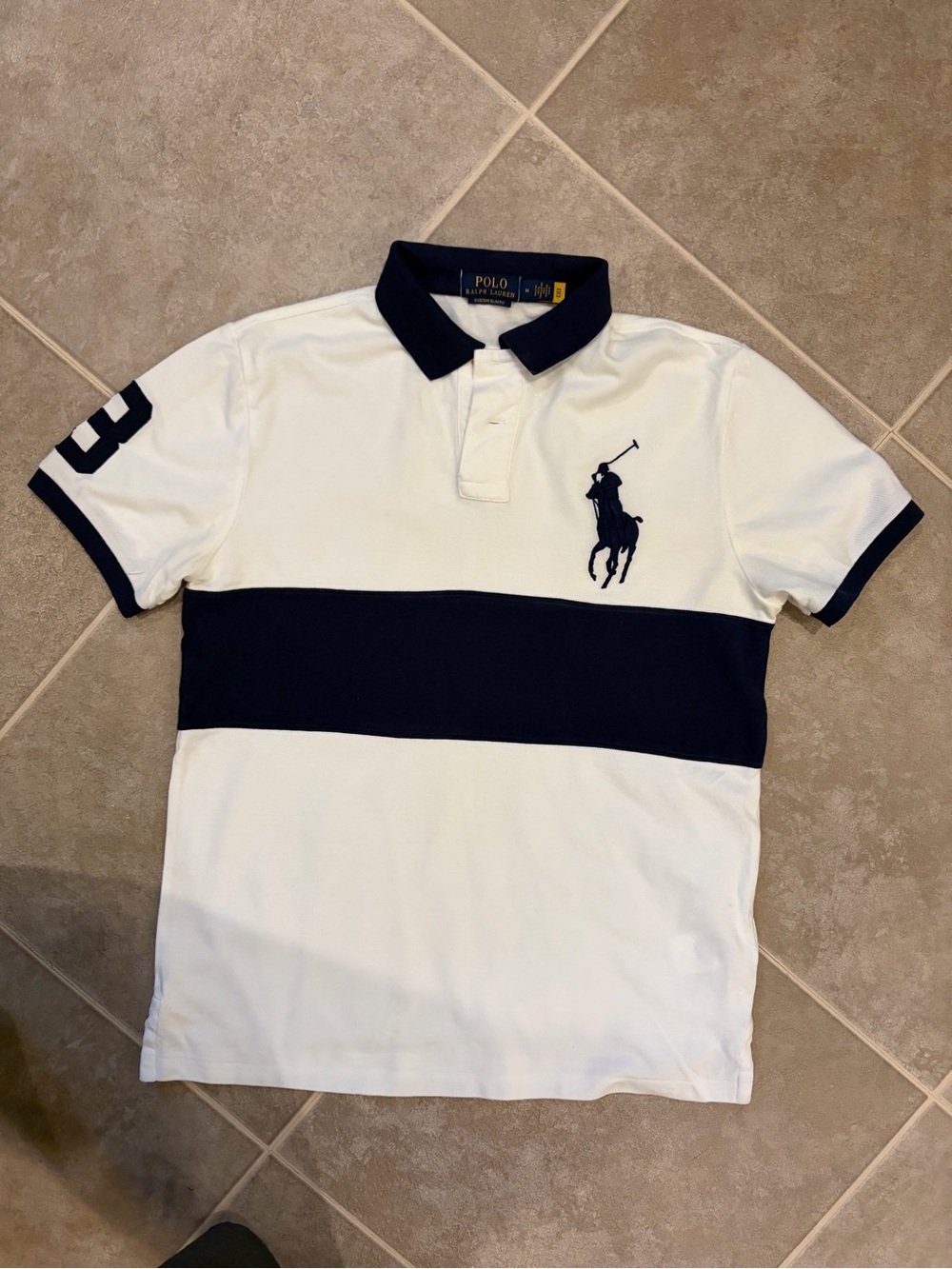 Ralph Lauren White Polo with Navy Stripe and Collar